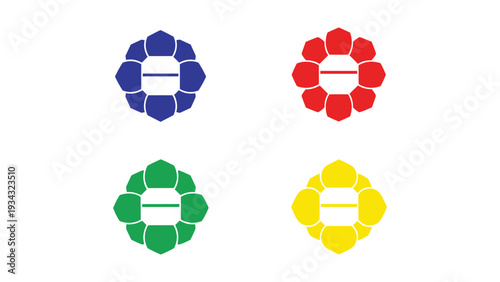 Four colorfully designed flags featuring a stylized emblem with a horizontal bar and dots
