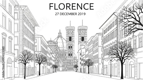 Sketch of buildings and towers with trees in front on a street in Florence
