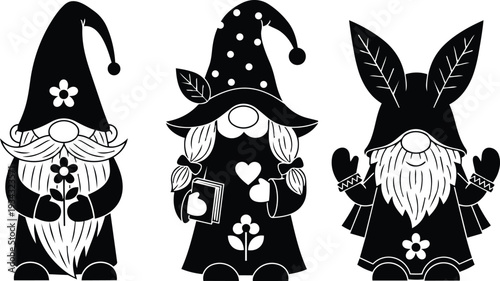 Whimsical black and white gnome trio holding flower and book wearing tall hats and bunny ears up vector silhouette illustration with folk details and easter charm