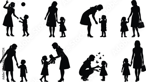 Set of mother and child silhouettes with mother holding hands playing and walking with toddler isolated on white background, cad drawing flat vector illustration