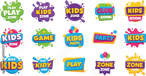 Vibrant Kids Play Zone and Party Badge Collection Featuring Colorful Splashes, Stars, Balloons, and Fun Typography for Childrens Activity Centers and Playroom Decor