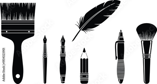 Minimalist black silhouette close up of assorted art tools including wide paint brush two dip pens feather quill short pencil marker and makeup brush on white