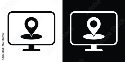 Map pin and pointer icon on a computer monitor screen. Vector set of black and white symbols for navigation, tracking, local search, and geographic address location.