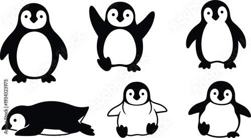 Cute flat vector penguin icons six different poses close up isolated on white background smiling waving crawling sitting simple black and white cartoon playful child friendly