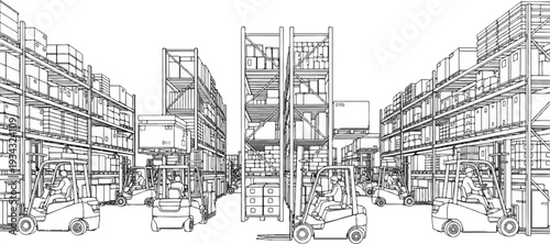 Warehouse interior with stacked boxes and forklift trucks