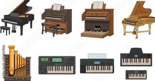 Collection of keyboard musical instruments, grand piano organ synthesizer digital keyboard and harpsichord illustration set