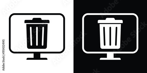 Computer monitor with a trash bin icon. Vector set of black and white web symbols for deleting files, removing data, clearing storage, and digital wastebasket functions.