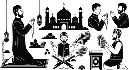 Ramadan prayer scene close up male and young boy reading quran on prayer rug men kneeling holding prayer beads mosque silhouette lanterns calm spiritual moment together