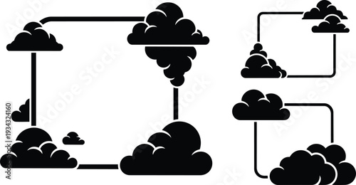 Flat vector square frame with clustered cloud silhouettes connected by rounded lines close up simple black and white minimalist graphic layout left large bottom right small