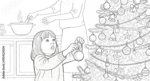 A child decorates a Christmas tree while an adult cooks in the background