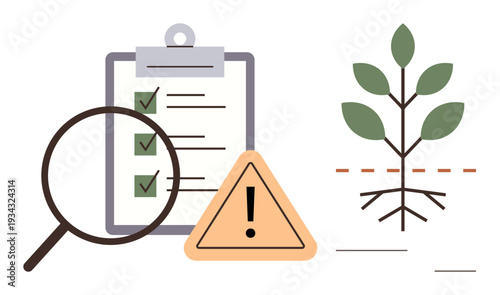 Risk management, quality control, agriculture monitoring, sustainability, environmental compliance, decision-making. A clipboard, magnifying glass warning sign and plant with roots. Risk management