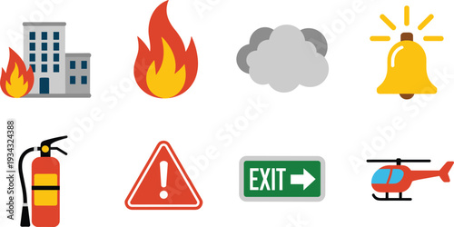 Fire safety emergency icons set, flat warning symbols extinguisher alarm exit sign rescue helicopter illustration