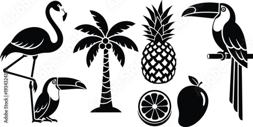 Vintage tropical silhouette set close up flamingo standing on one leg two toucans perched on branch palm tree pineapple orange slice mango black vector island icons