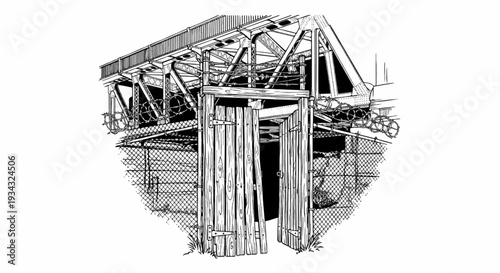 A dilapidated wooden gate stands open, revealing a dark interior