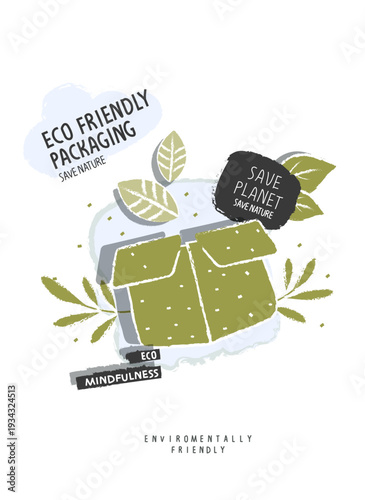 Vector hand drawn cartoon sketch of biodegradable packaging, box with green leaves. Environmentally friendly planet Consept . Zero waste Concept. Sustainable lifestyle. Think Green.