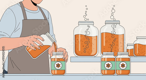 Person Pouring Orange Liquid into Jars with Bubbles, Fermentation