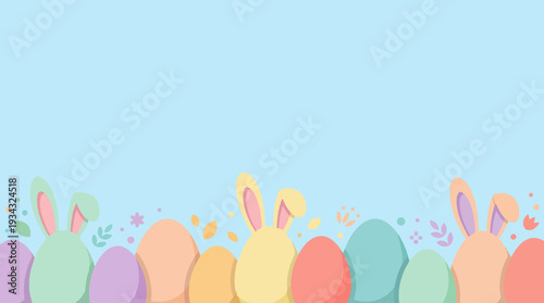 Pastel Easter Eggs and Bunny Ears Border on Blue Background Vector