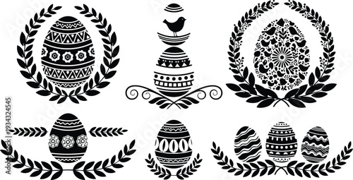 Folk silhouette close up decorated easter eggs arranged in laurel wreath compositions with intricate floral patterns centered symmetrical flat vector black and white holiday ornamental vintage
