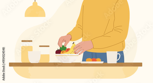Person preparing healthy fruit salad in a modern kitchen, flat illustration
