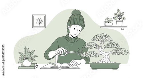 Person Pruning Bonsai Tree at Desk with Plants and Book
