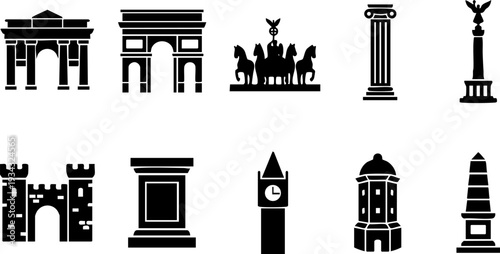 Set of 10 Black Landmark and Monument Icons Vector