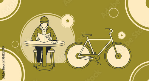 Person Reading at Cafe Table Near Bicycle, Minimalist Illustration