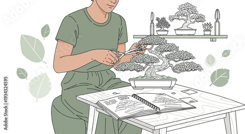 Person Pruning Bonsai Tree, Miniature Garden Art, Zen Hobby, Nature Crafting