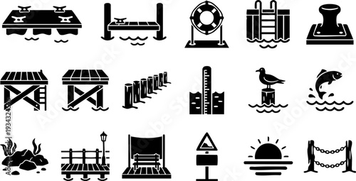 Set of 18 Black Marine and Nautical Icons Vector