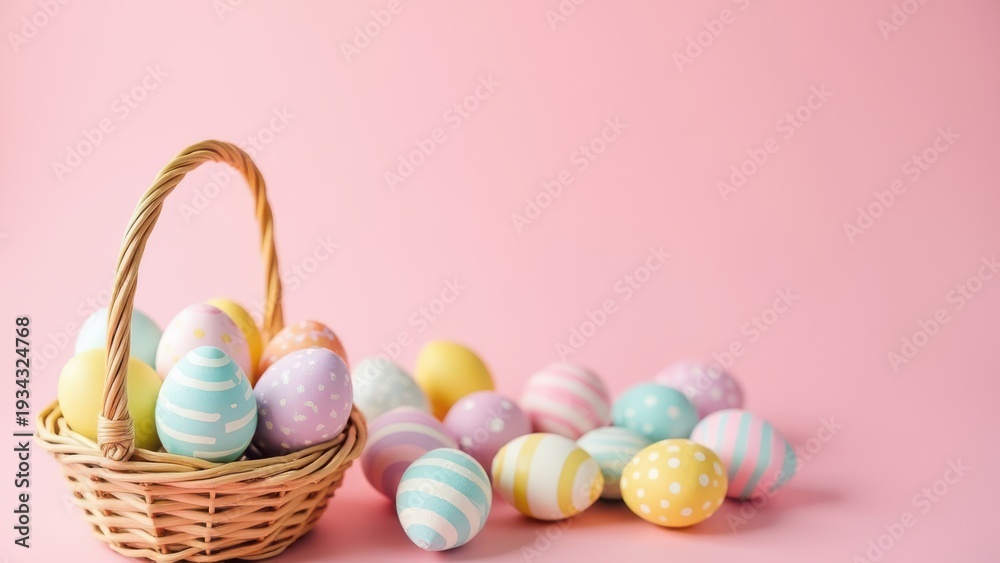 Fototapeta premium pastel vertical easter eggs with stripes and spots spilling from wicker basket on pink background festive spring greeting composition