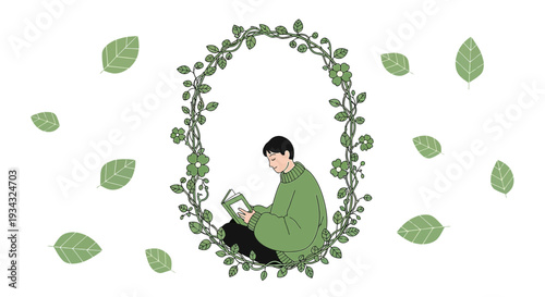 Person Reading Book Inside Green Floral Wreath, Nature Study