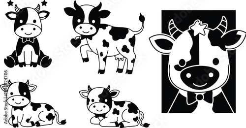 Monochrome kawaii vector cow set close up portrait and multiple sitting standing and lying calf poses with bow tie heart pendant simple outline illustration friendly smiling