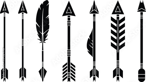 Minimal black arrow silhouettes in a row eight unique arrowheads and feather fletching close up flat vector style isolated on white background high contrast geometric decorative