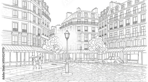 A European city street scene with vintage architecture and a classic car