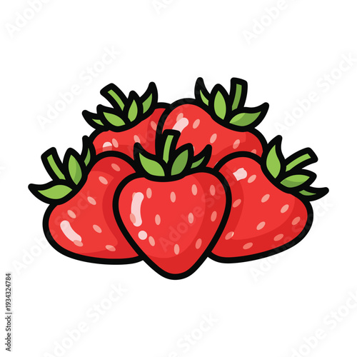 A vibrant illustration of a cluster of ripe strawberries with green leaves, viewed from a slight angle, showcasing their red color and texture.