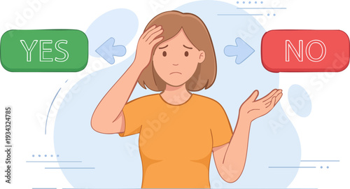 Confused Woman Deciding Between Yes or No Vector Illustration