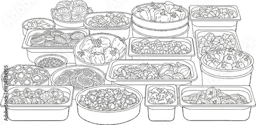 Assortment of fresh sliced vegetables and peppers in serving trays