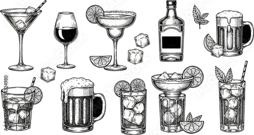 Assortment of refreshing beverages including cocktails, beer, and wine