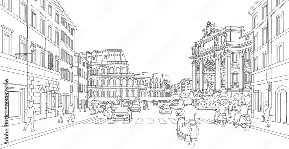 Obraz premium Bustling Roman street scene with famous landmarks and people