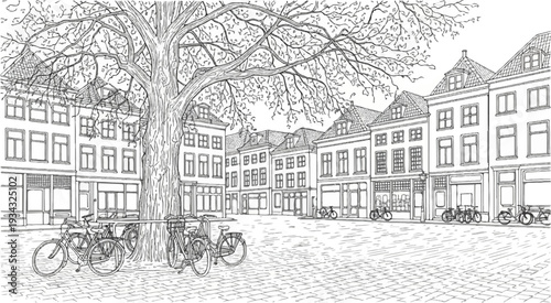 Black and white sketch of a European town square with buildings, a large tree, and bicycles