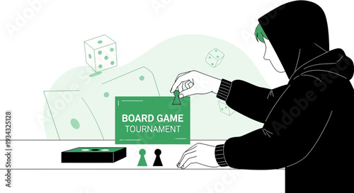 Person Playing Board Game Tournament, Dice and Pawns on Table