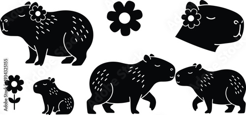 Minimalist black silhouette capybaras set showing side profile adult and baby touching noses flower accessory flat arrangement close up on white background peaceful vector illustration icons