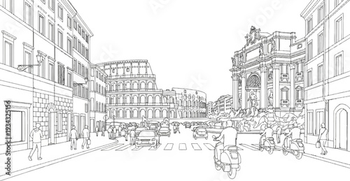 Bustling Roman street scene with famous landmarks and people