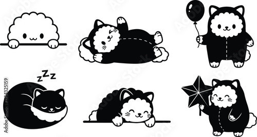 Cute kawaii cat sheep mascot icons set close up various poses sleeping holding balloon star lying on back peeking over edge front view smiling paw raised