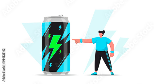 Person Pointing at Giant Energy Drink Can with Lightning Bolts