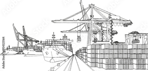 Cargo ships and cranes in a busy port loading and unloading containers