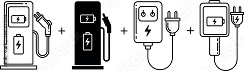Electric vehicle charging station and power plug icon set with battery symbols representing EV charging infrastructure, renewable energy technology, sustainable transportation and modern electricity 