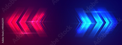Two Way Red And Blue Arrow Background. Neon Colored Interface Design.