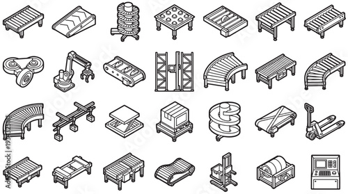 Industrial conveyor belt and machinery components in detailed black and white illustration, perfect for industrial design and technical themes. 
