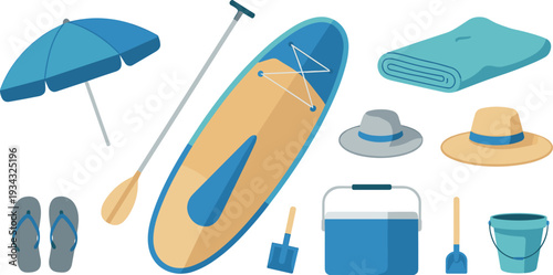 Flat minimalist beach accessories set, summer vacation items including paddle board umbrella cooler and flip flops illustration