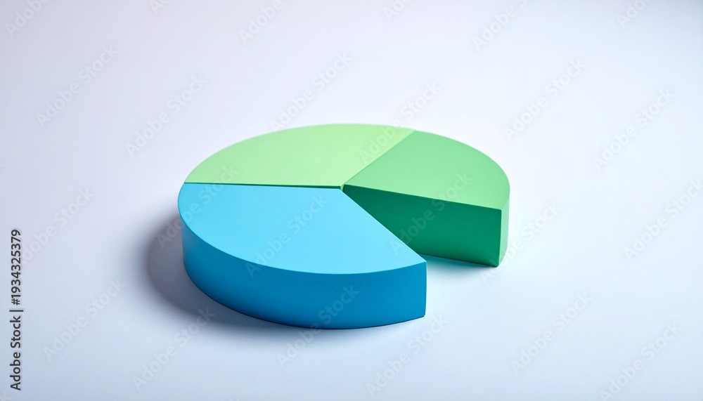 Obraz premium 3D pastel pie chart with five segments in teal, pink, and blue, glossy reflective surface, symbolizing modern stylized data visualization.